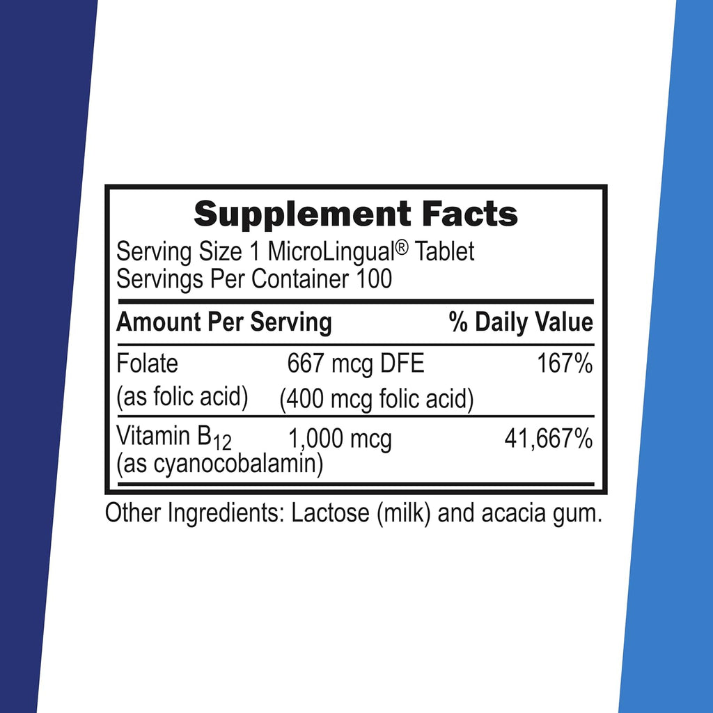 Superior Source No Shot Vitamina B12 Cianocobalamina 1000 mcg y Ácido Fólico 400 mcg - 100 Comprimidos Sublinguales