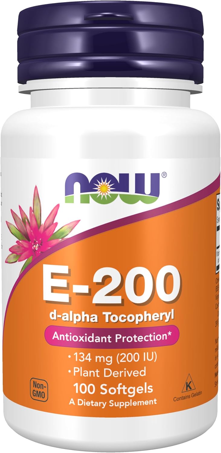 NOW Foods Vitamin E-200 IU, D-Alpha Tocopherol, Antioxidant Protection, 100 Softgels