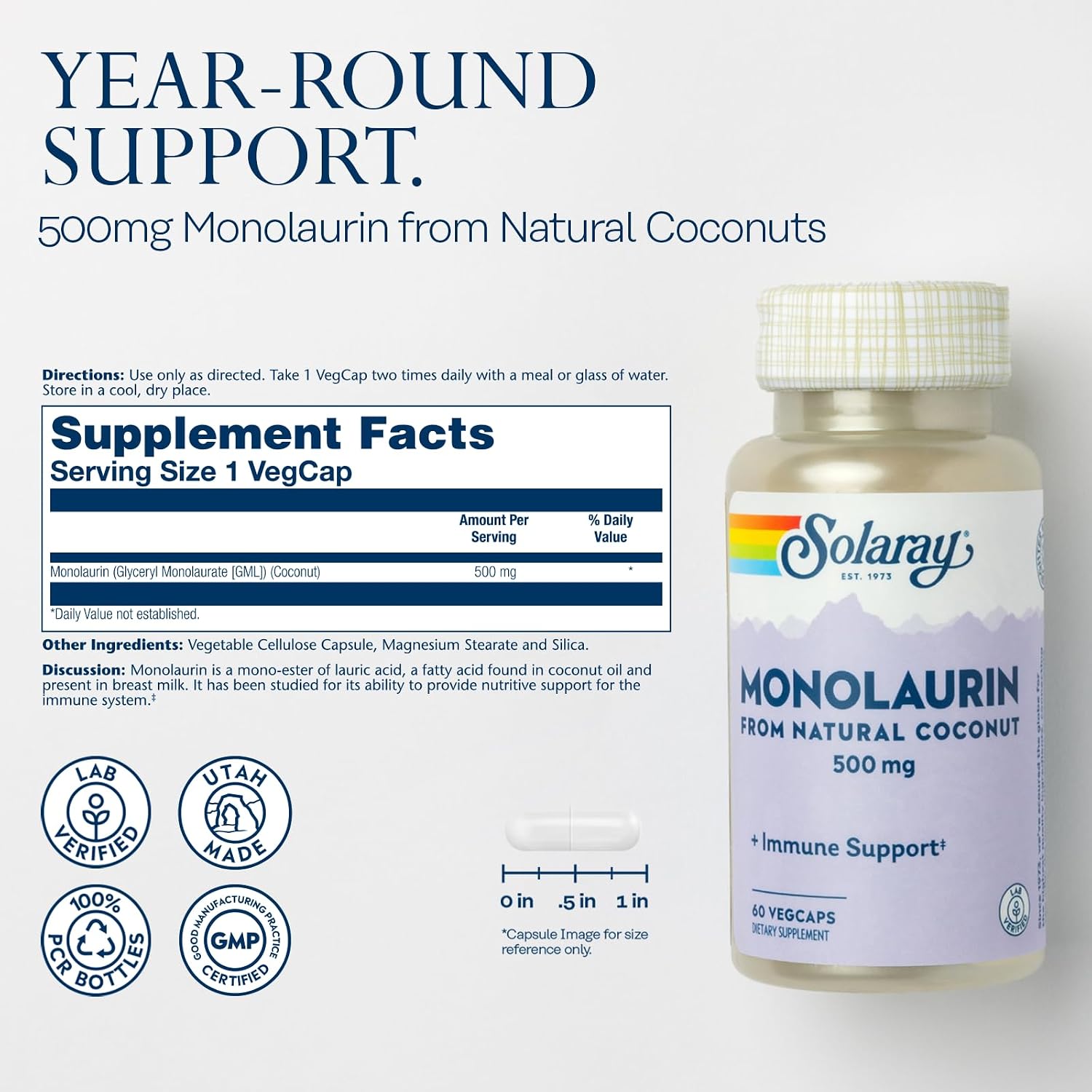 SOLARAY Monolaurin 500 mg from Natural Coconut - Food Supplement - 60 Vegan Capsules