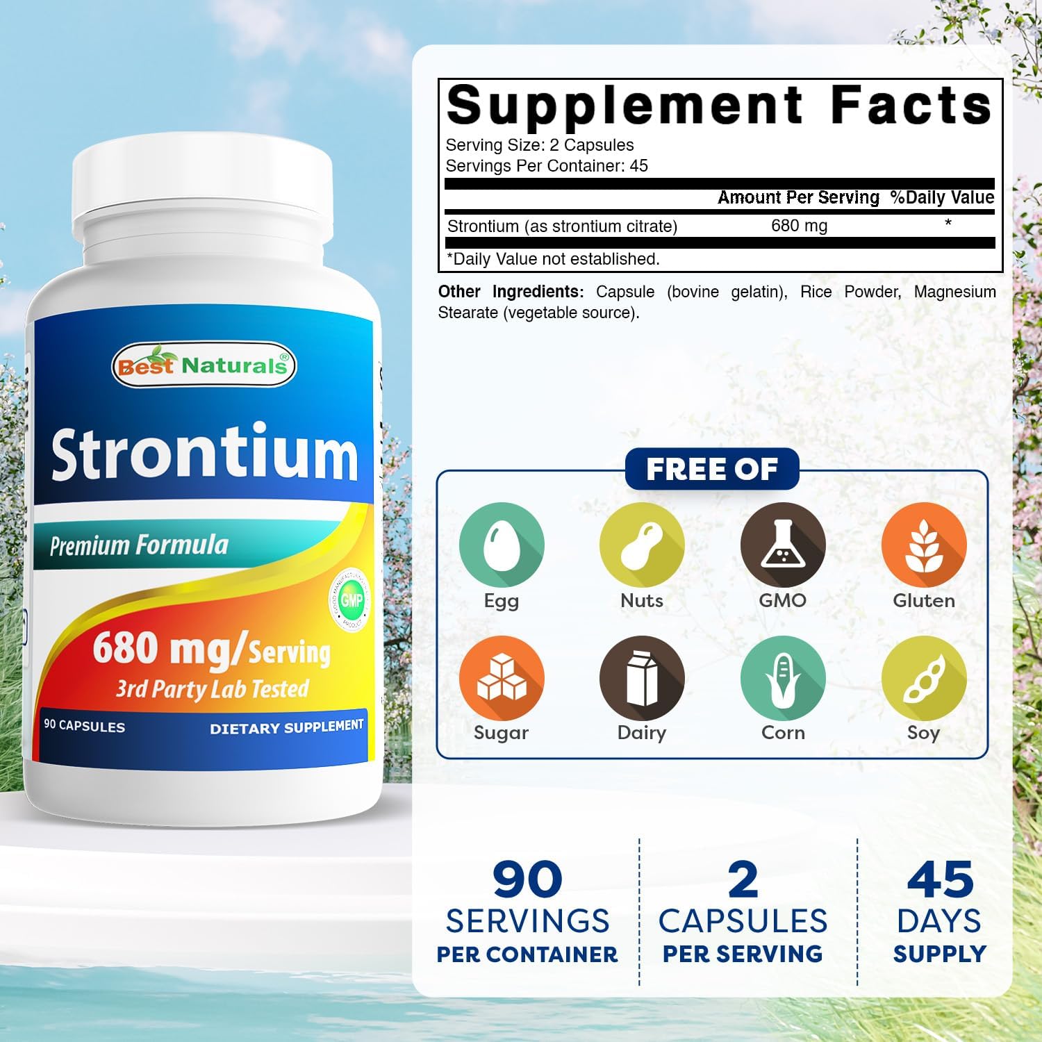 Best Naturals Strontium Bone Building Formula 680mg/serving 90 Cápsulas