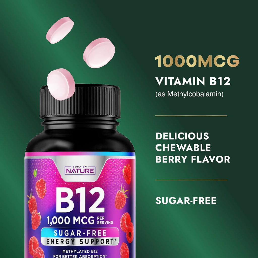Built by Nature Vitamina B12 1000 mcg Metilcobalamina, Comprimidos Sublinguales Sabor a Bayas, 120 unidades (4 meses)