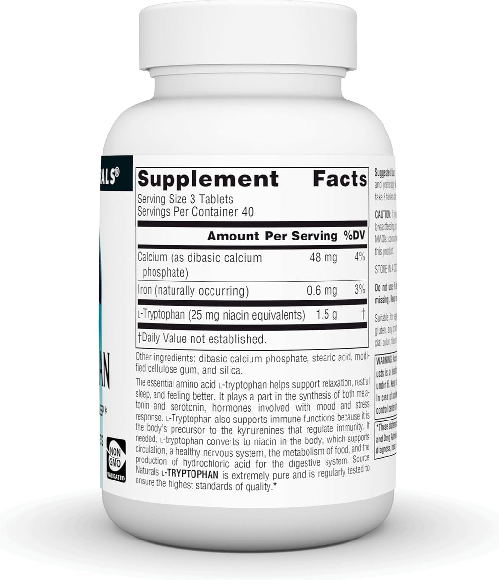 Source Naturals L-Triptófano, para el estado de ánimo, la relajación y el sueño, 500 mg - 120 comprimidos
