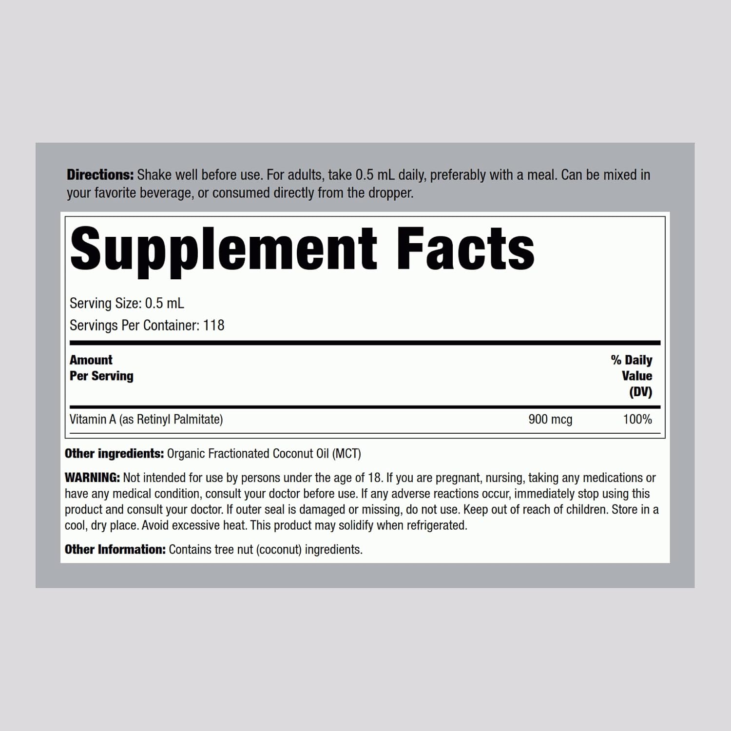Piping Rock Vitamina A Líquido Gotas con Aceite MCT Orgánico, 59 ml