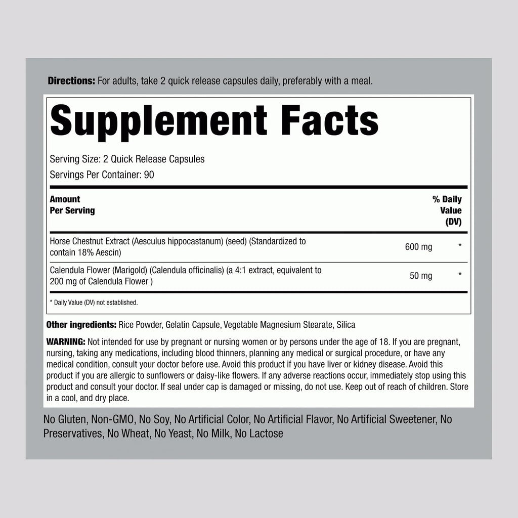 Piping Rock Extracto de Castaño de Indias | Suplemento | 180 Cápsulas | con Escina y Caléndula | No Transgénico, Sin Gluten