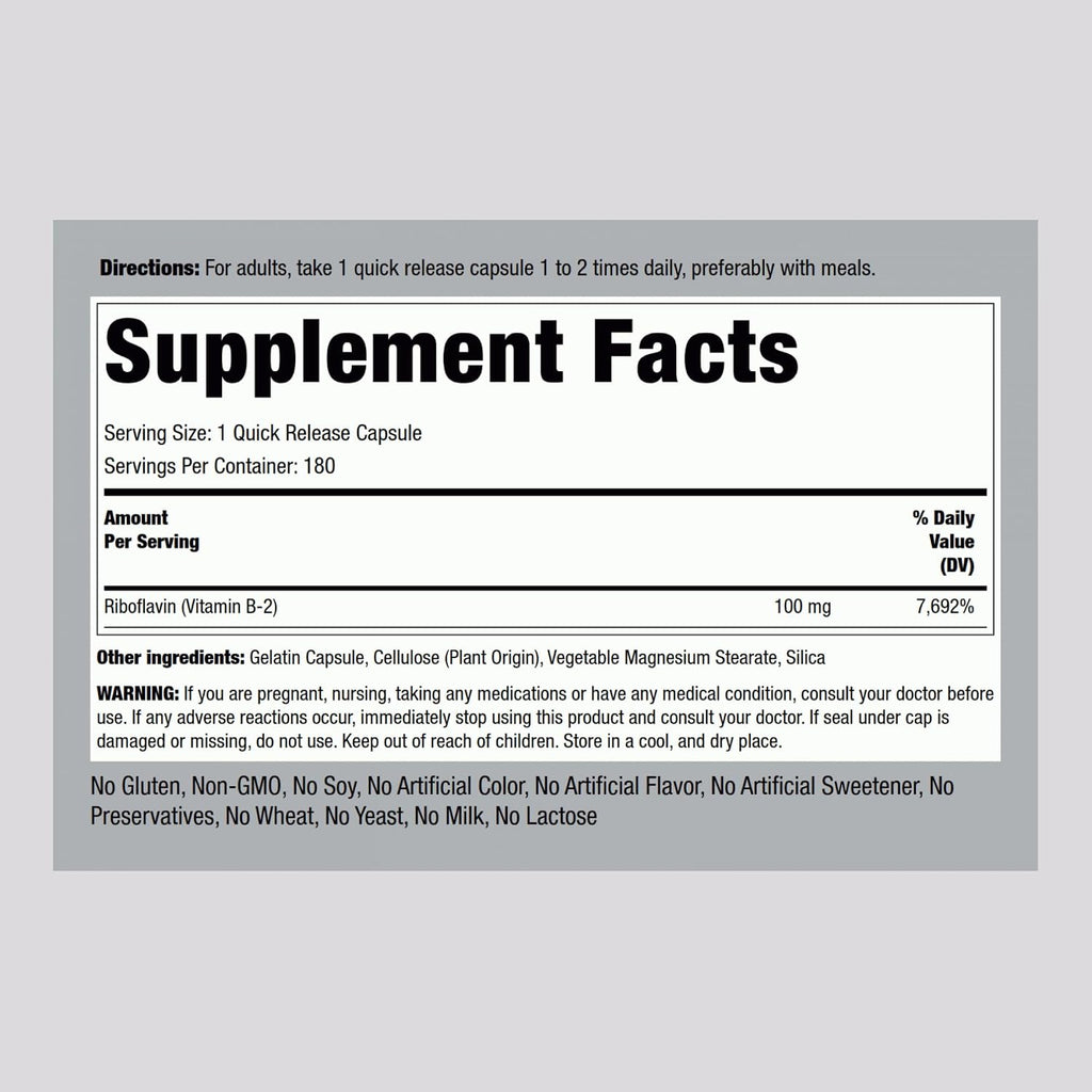 Piping Rock Vitamina B2 100mg | 180 Cápsulas | Riboflavina | Suplemento Vegetariano, No OGM, Sin Gluten