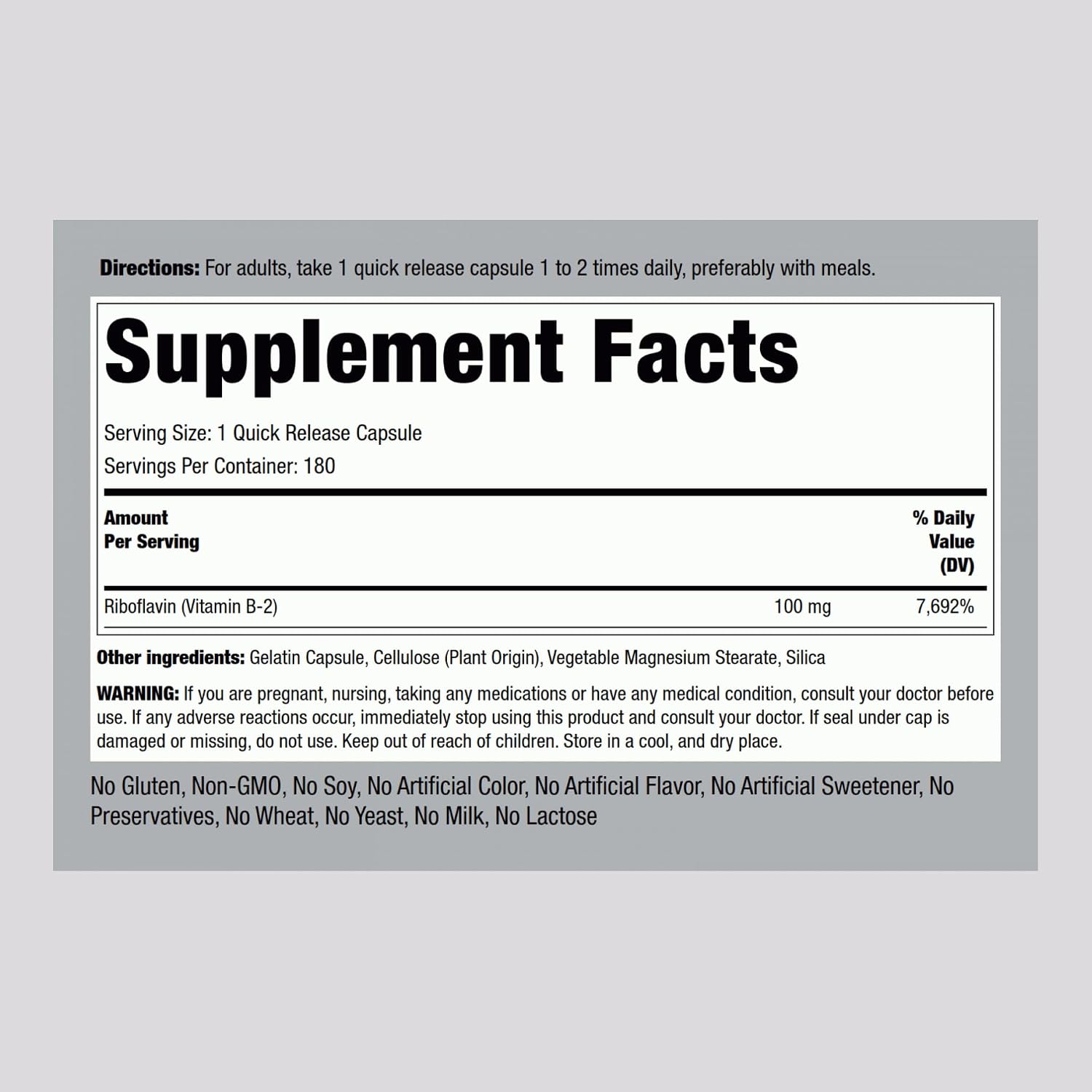 Piping Rock Vitamina B2 100mg | 180 Cápsulas | Riboflavina | Suplemento Vegetariano, No OGM, Sin Gluten