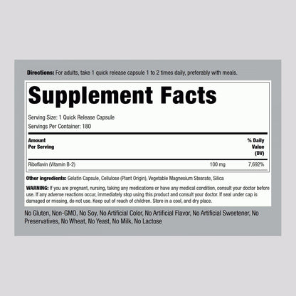 Piping Rock Vitamina B2 100mg | 180 Cápsulas – El funcionamiento normal del sistema nervioso – Image 2