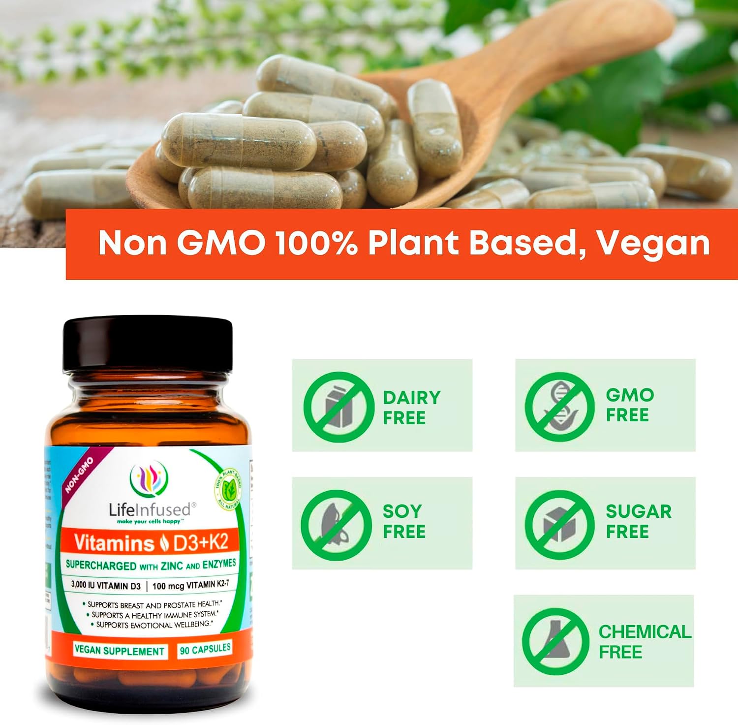 Life Infused Vitamina D3 + K2 con Zinc y Enzimas | 3000 UI D3, MK-7 K2 | 90 Cápsulas