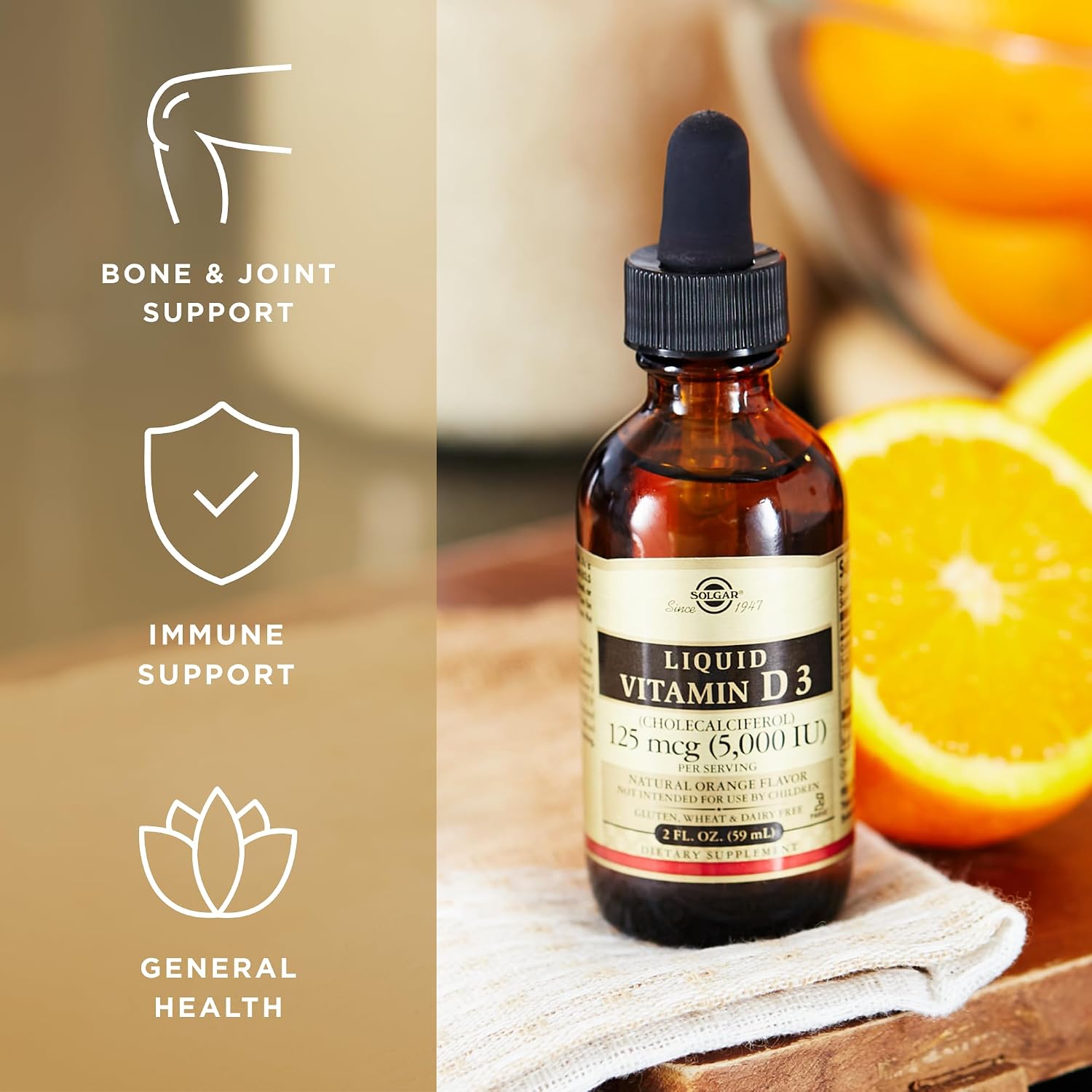 Solgar Vitamina D3 Líquida 125 mcg (5000 UI) - 59 Dosis - Sabor Naranja Natural