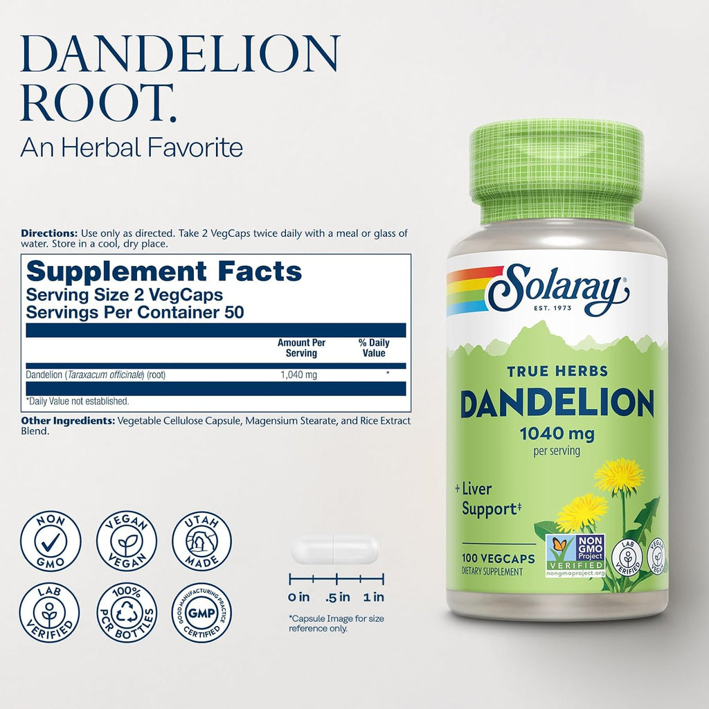 SOLARAY Dandelion Root - Kidney & Liver Support Supplement - 1,040 mg Per Serving - Vegan - 100 VegCaps