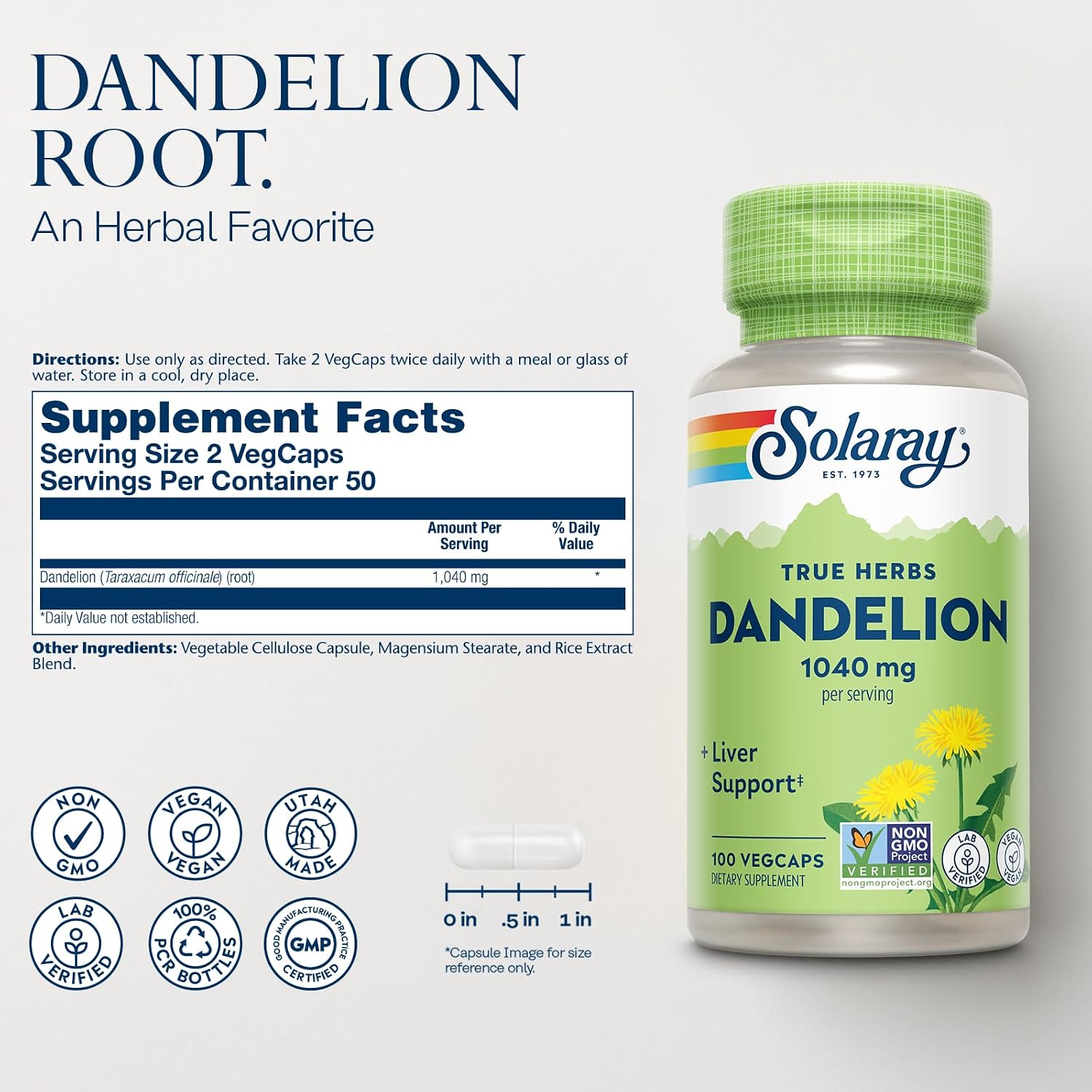 SOLARAY Dandelion Root - Kidney & Liver Support Supplement - 1,040 mg Per Serving - Vegan - 100 VegCaps