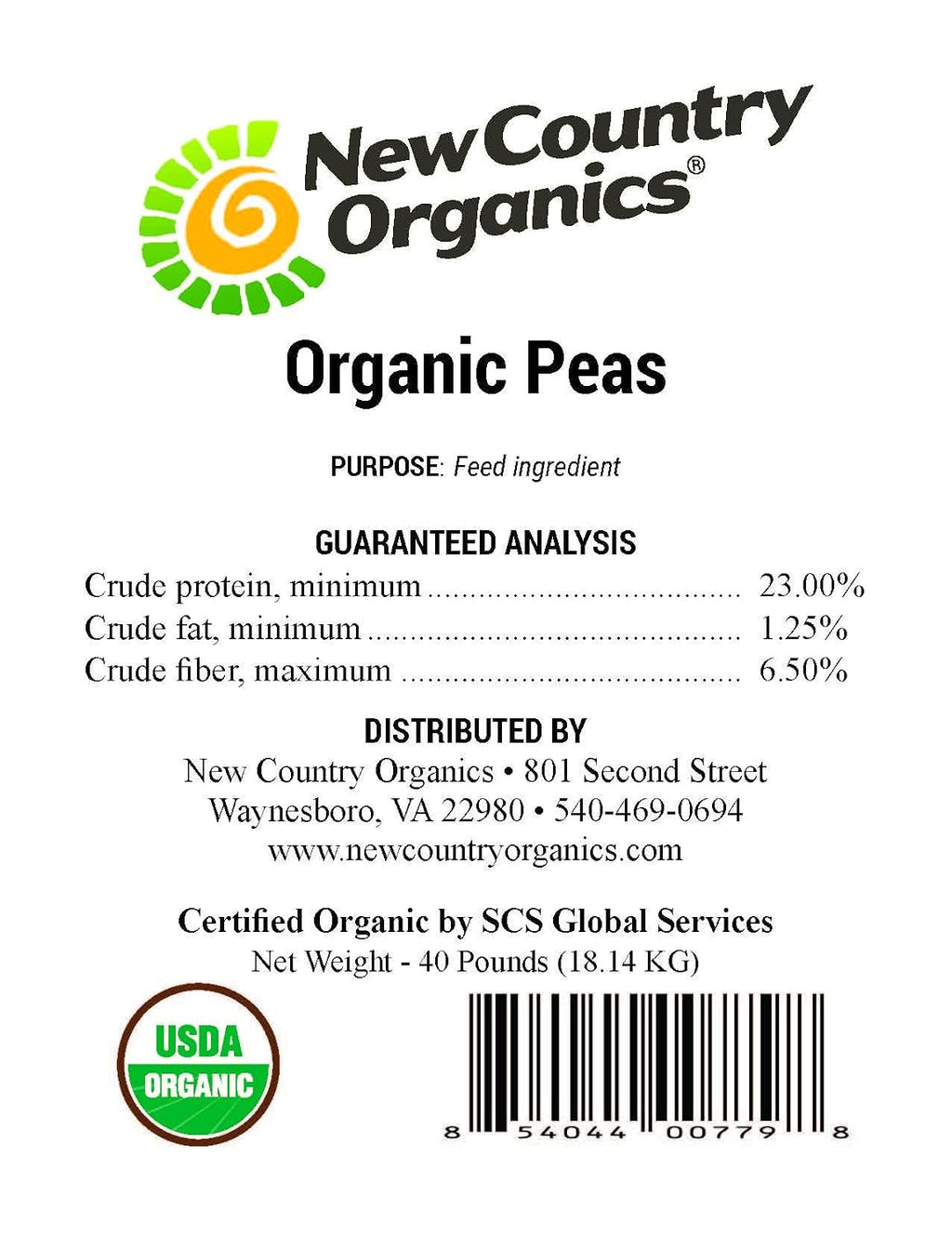 New Country Organics | Guisantes Orgánicos Sin Moler | Certificado Orgánico y No GMO | Grado Alimenticio | 40 lbs