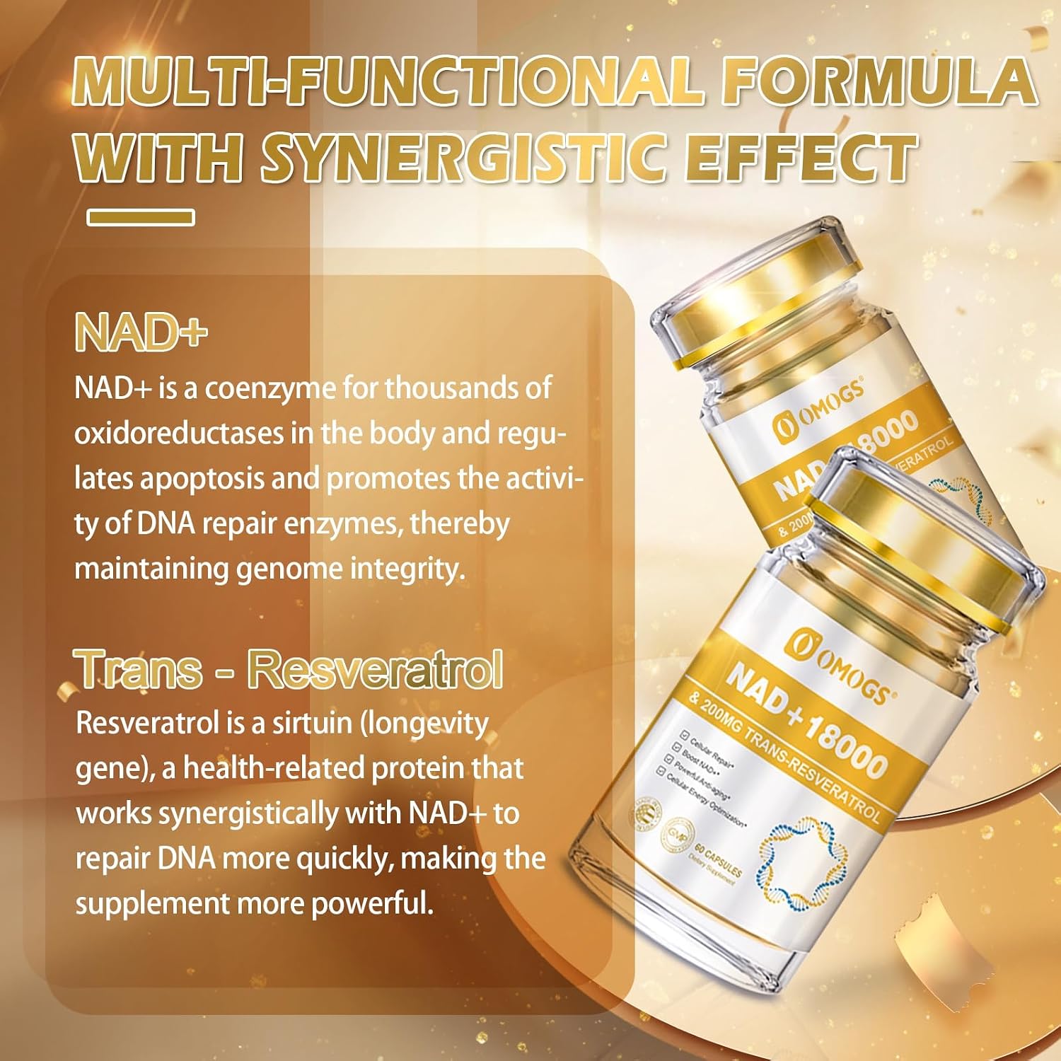 OMOGS NAD+ 300 mg + Trans-Resveratrol 200 mg, Suplemento de NAD+ Puro, Máxima Absorción, para Reparación del ADN, Envejecimiento Saludable, Energía Celular y Longevidad, 60 Cápsulas