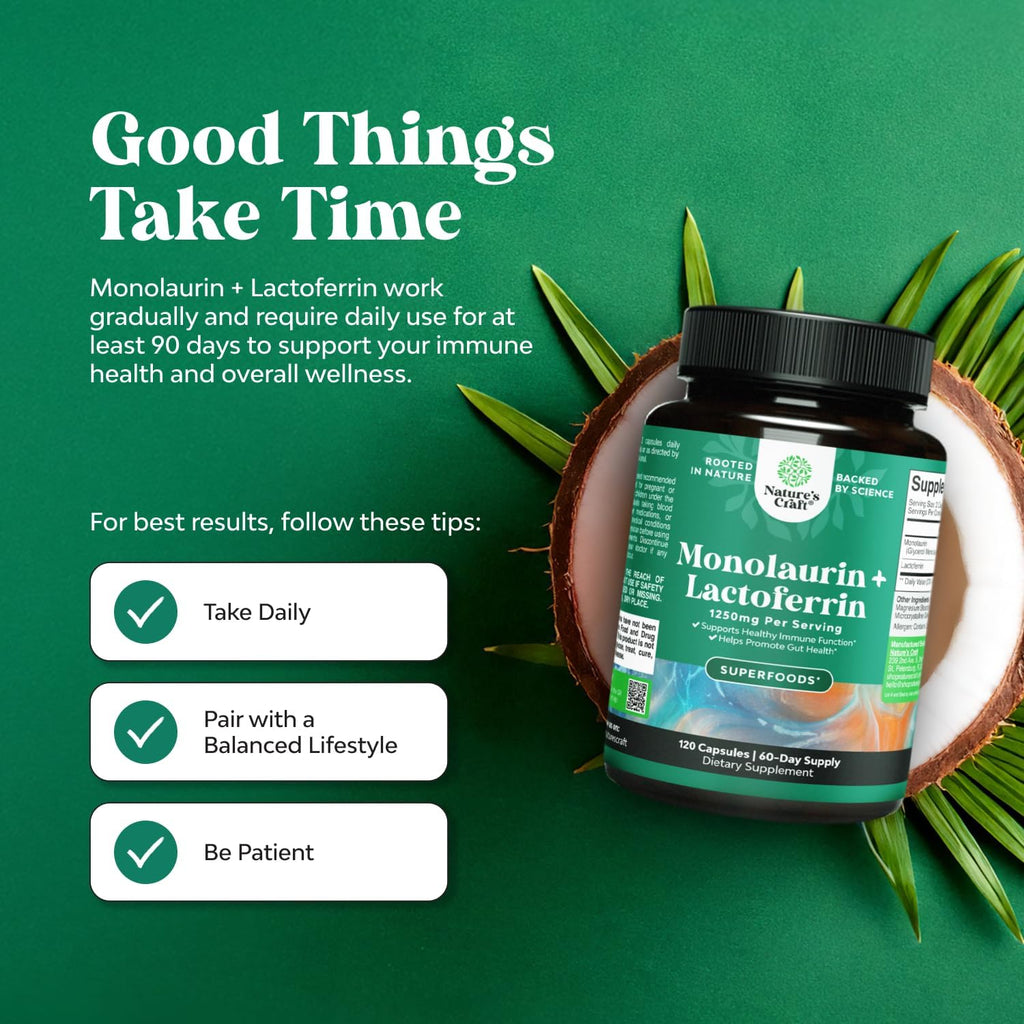 Suplemento de Lactoferrina y Monolaurina de Alta Potencia - 250mg Lactoferrina y 1000mg Monolaurina - 120 Cápsulas Vegetarianas