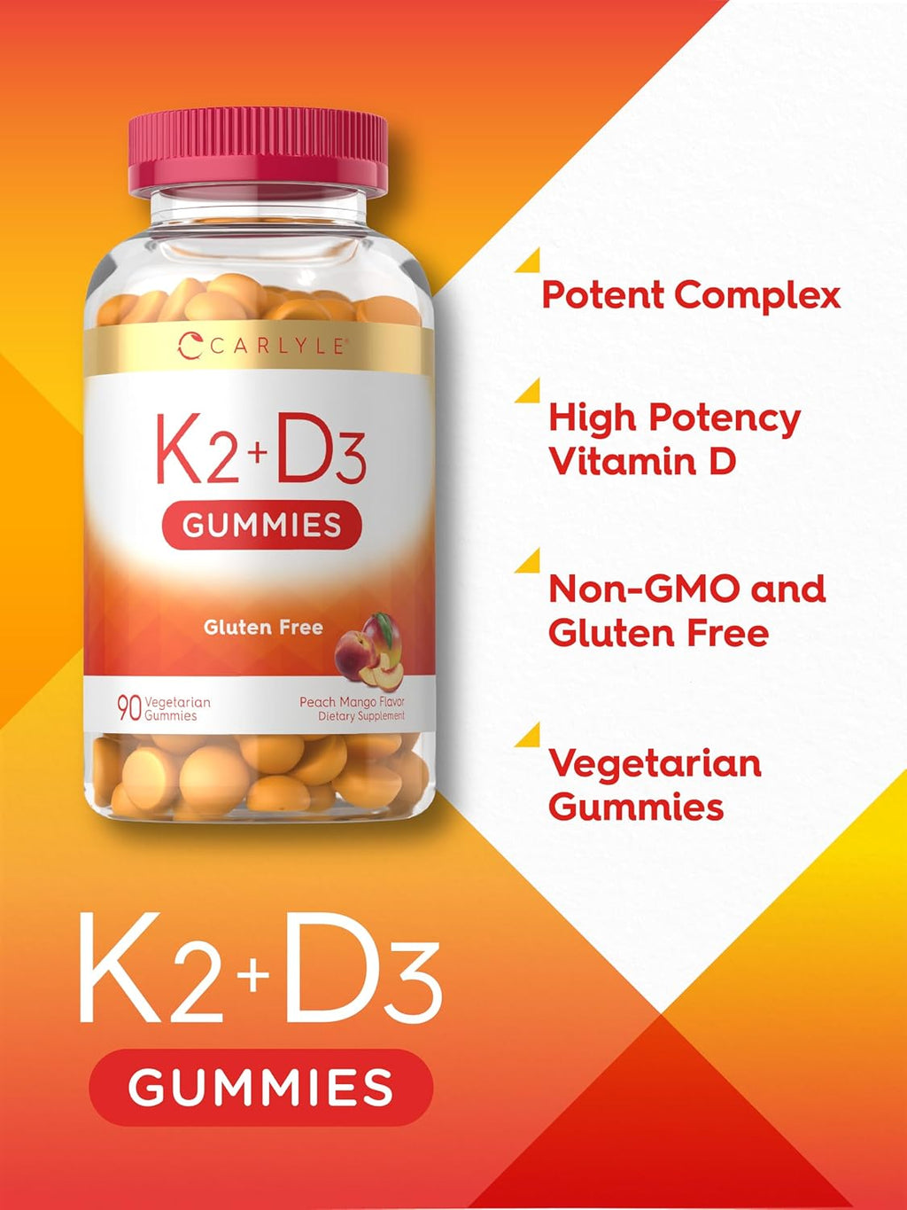 Carlyle Vitamina D3 K2 Gominolas | 90 Unidades | 5000 IU D3 + 50 mcg MK7 | Sabor Melocotón Mango | Vegetariano, Sin Gluten, No GMO