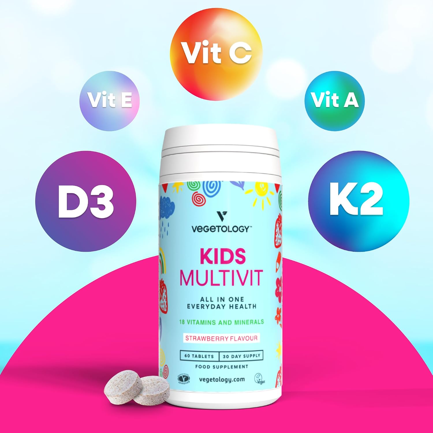 VEGETOLOGY Kids MultiVitamin - Multivitamínico infantil vegano masticable, 60 comprimidos sabor fresa