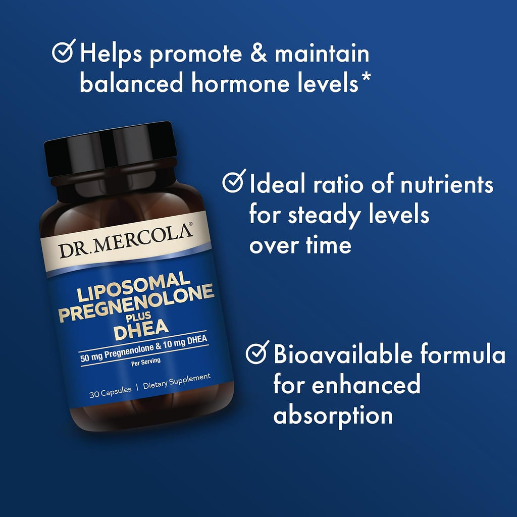 Dr. Mercola Liposomal Pregnenolone Plus DHEA, 50 mg Pregnenolona y 10 mg DHEA por ración, 30 Cápsulas