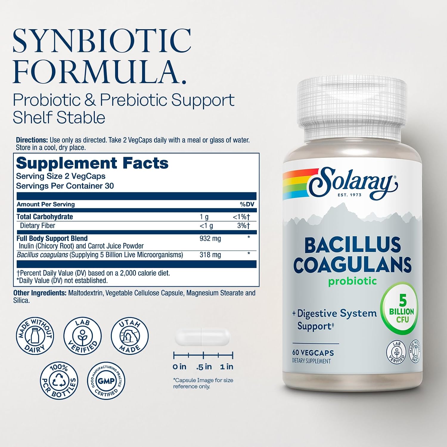 Solaray Bacillus Coagulans Probiotic - 5 Billion Live Microorganisms - 60 Vegan Capsules