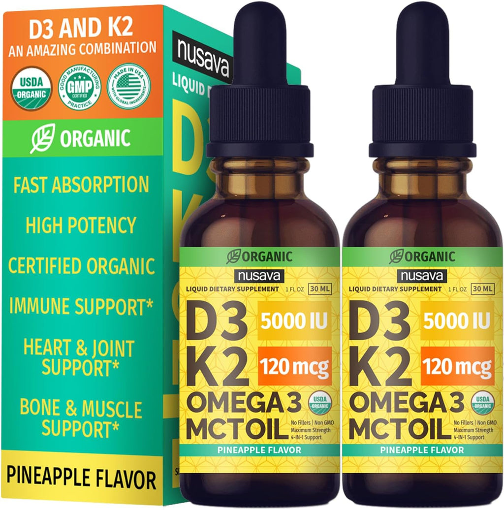 Vitamina D3 K2 Orgánica en Gotas con Aceite MCT y Omega 3 - 5000 UI - 2 Pack
