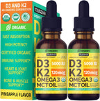 Vitamina D3 K2 Orgánica en Gotas con Aceite MCT y Omega 3 - 5000 UI - 2 Pack