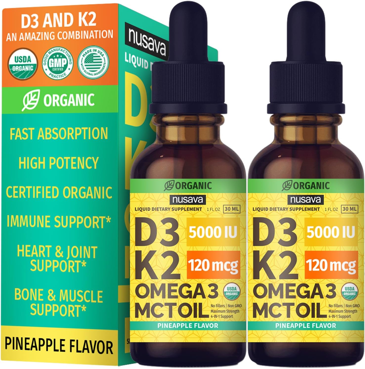 Vitamina D3 K2 Orgánica en Gotas con Aceite MCT y Omega 3 - 5000 UI - 2 Pack