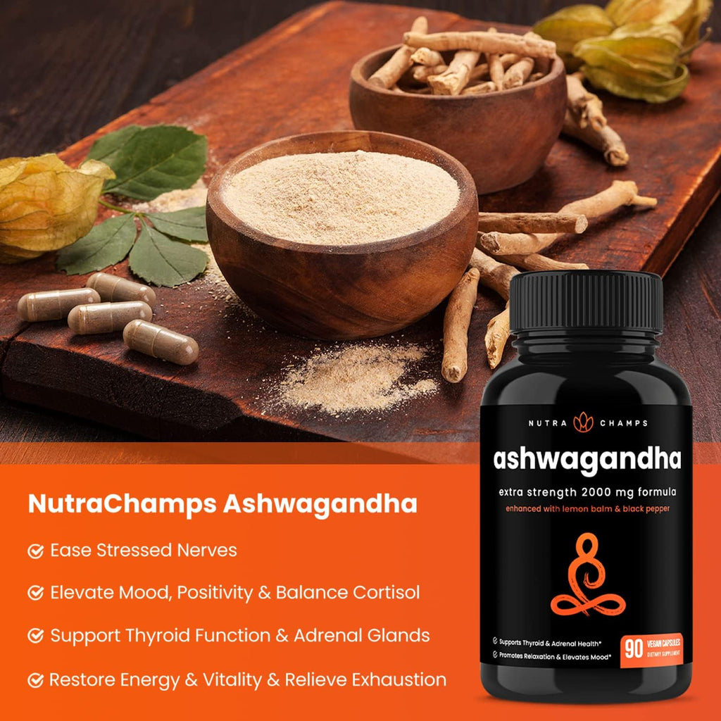 NutraChamps Ashwagandha Orgánica en Cápsulas, 2000mg con Melisa y Pimienta Negra