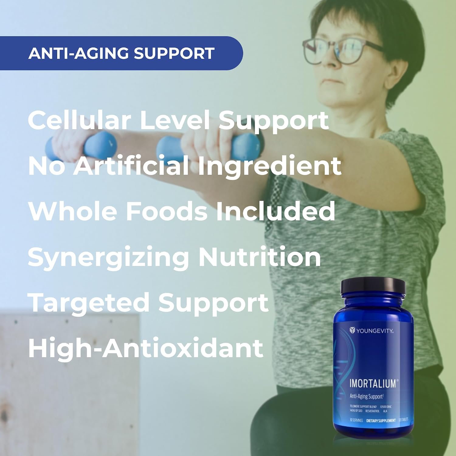Youngevity Imortalium® - Salud Telomérica, Fucoxantina, Mezcla de Carotenoides, Mezcla de Fucoidan, MSM, Glutatión, Mezcla Rejuvenecedora para la Piel + 12 Alimentos Integrales 120 Cápsulas