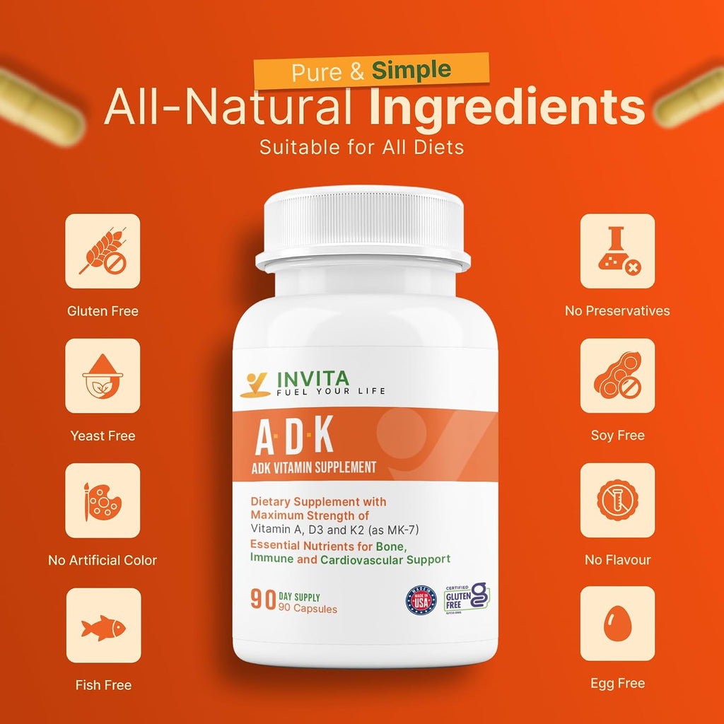 Invita, Suplemento ADK Vitaminas A, D3 5000 UI y K2 MK-7 - 90 Cápsulas
