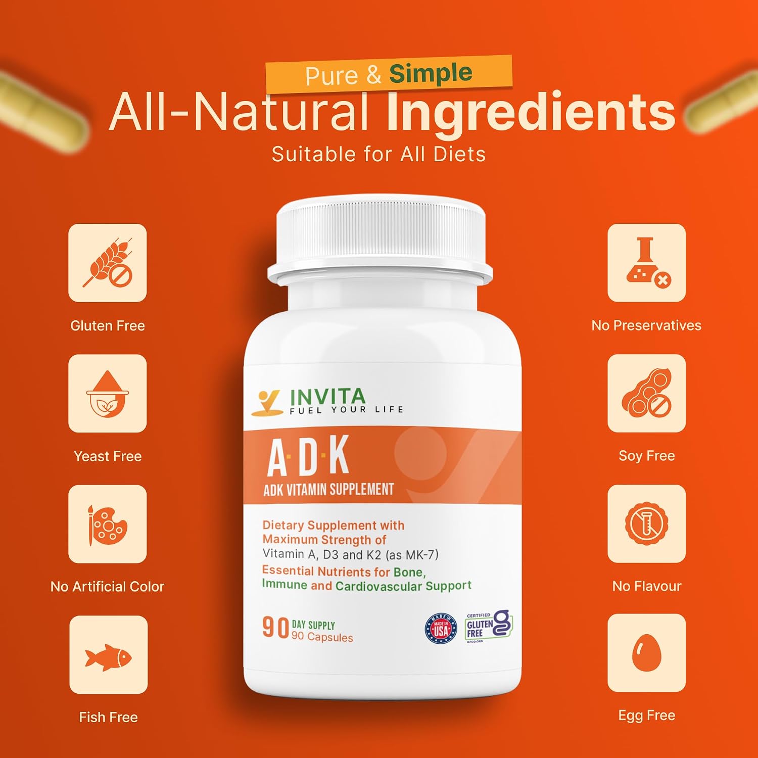 Invita, Suplemento ADK Vitaminas A, D3 5000 UI y K2 MK-7 - 90 Cápsulas