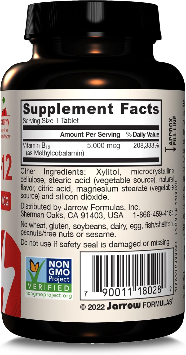 Jarrow Formulas Vitamina B12 5000 mcg - Metilcobalamina Activa, 90 Comprimidos Masticables Sabor Cereza