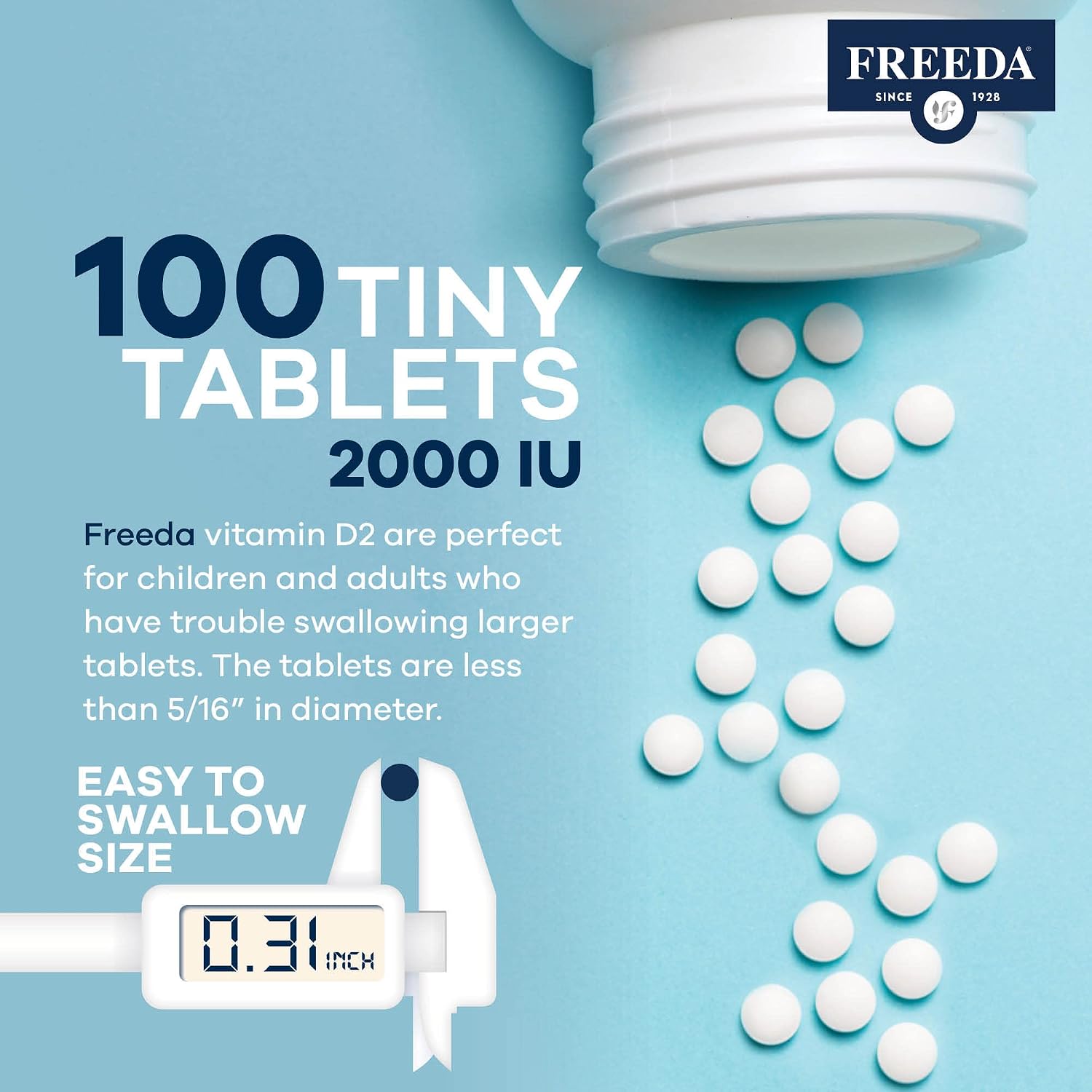 FREEDA Vitamina D2 2000 UI – Ergocalciferol Vegano para Huesos e Inmunidad – 100 Comprimidos Pequeños