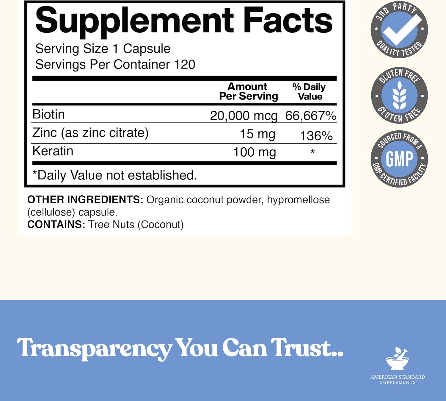 American Standard Supplements Biotina 20.000 mcg con Keratina y Zinc, 120 Cápsulas Veganas