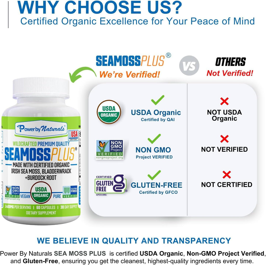 Power By Naturals Sea Moss Plus – Cápsulas Orgánicas de Musgo Irlandés con Bladderwrack y Raíz de Bardana – 60 Cápsulas (1 Mes)