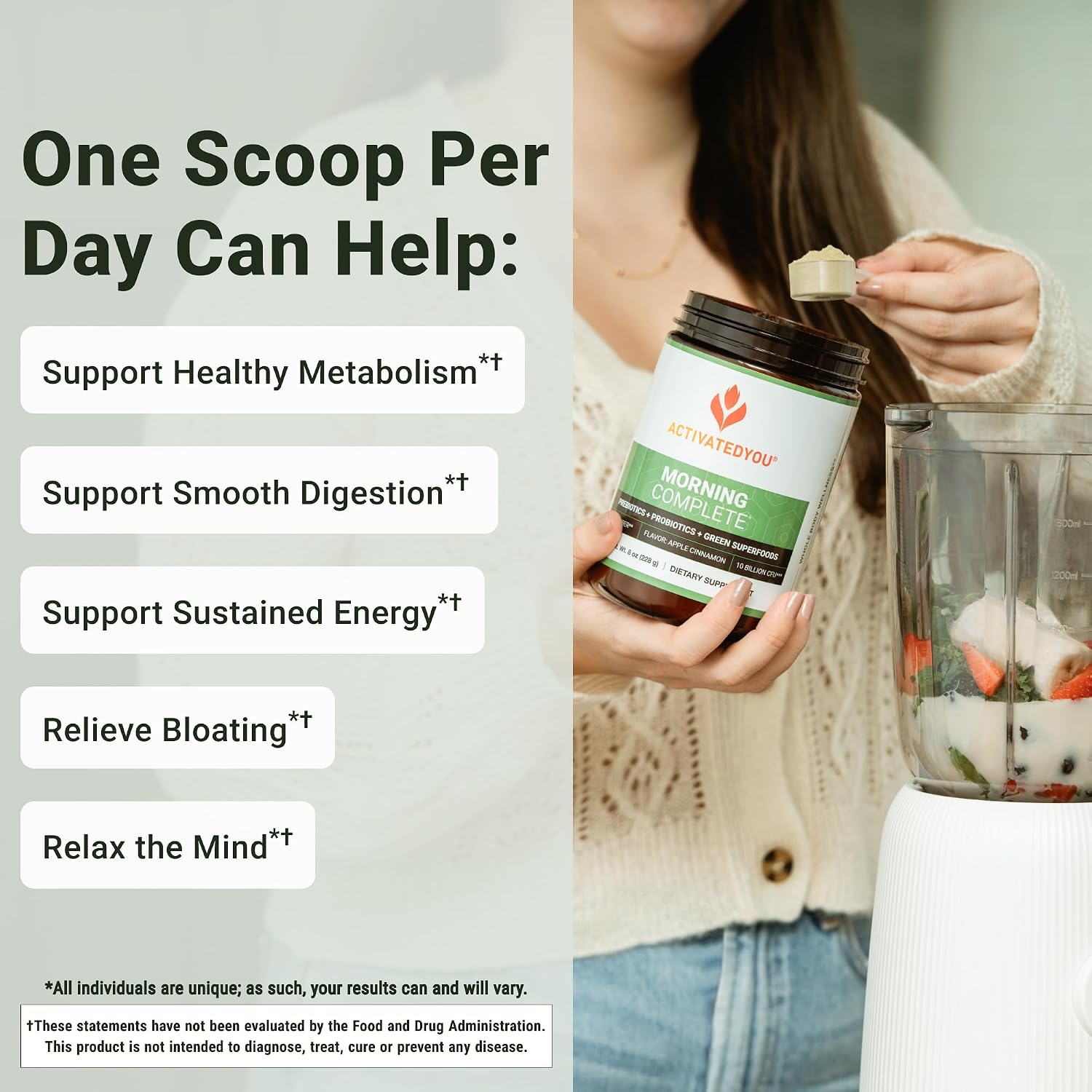 ACTIVATEDYOU Morning Complete - Mezcla de Superalimentos Verdes con Prebióticos, Probióticos y Antioxidantes, 30 Raciones (Manzana Canela)