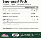 Vitamina D3 + K2 + Calcio con BioPerine – 60 Cápsulas