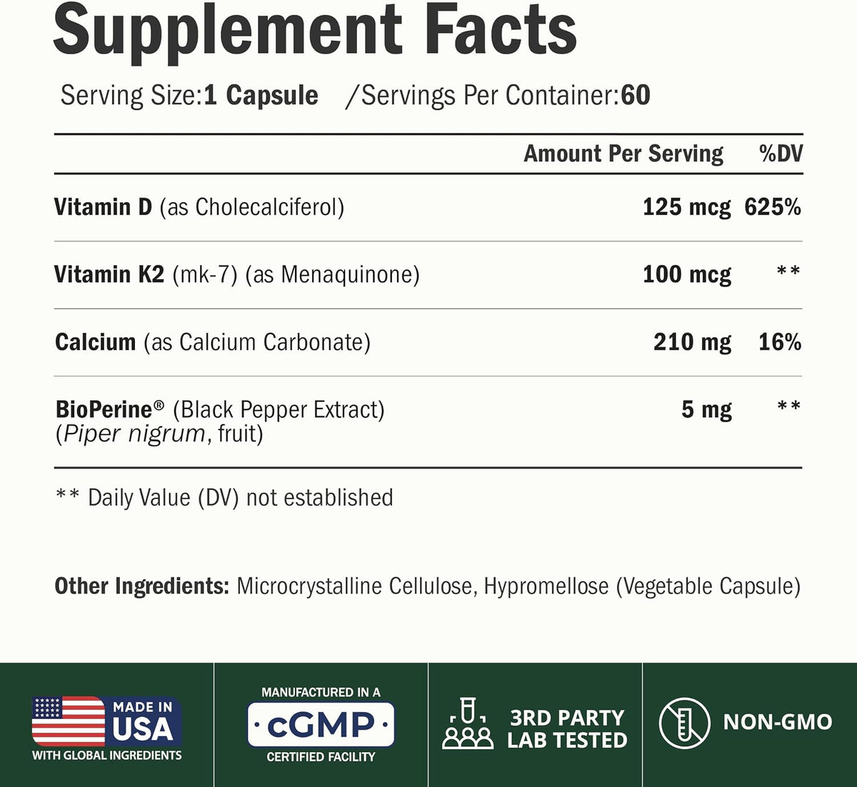 Vitamina D3 + K2 + Calcio con BioPerine – 60 – Vitamina K: contribuye a la coagulación sanguínea normal y al – Image 2