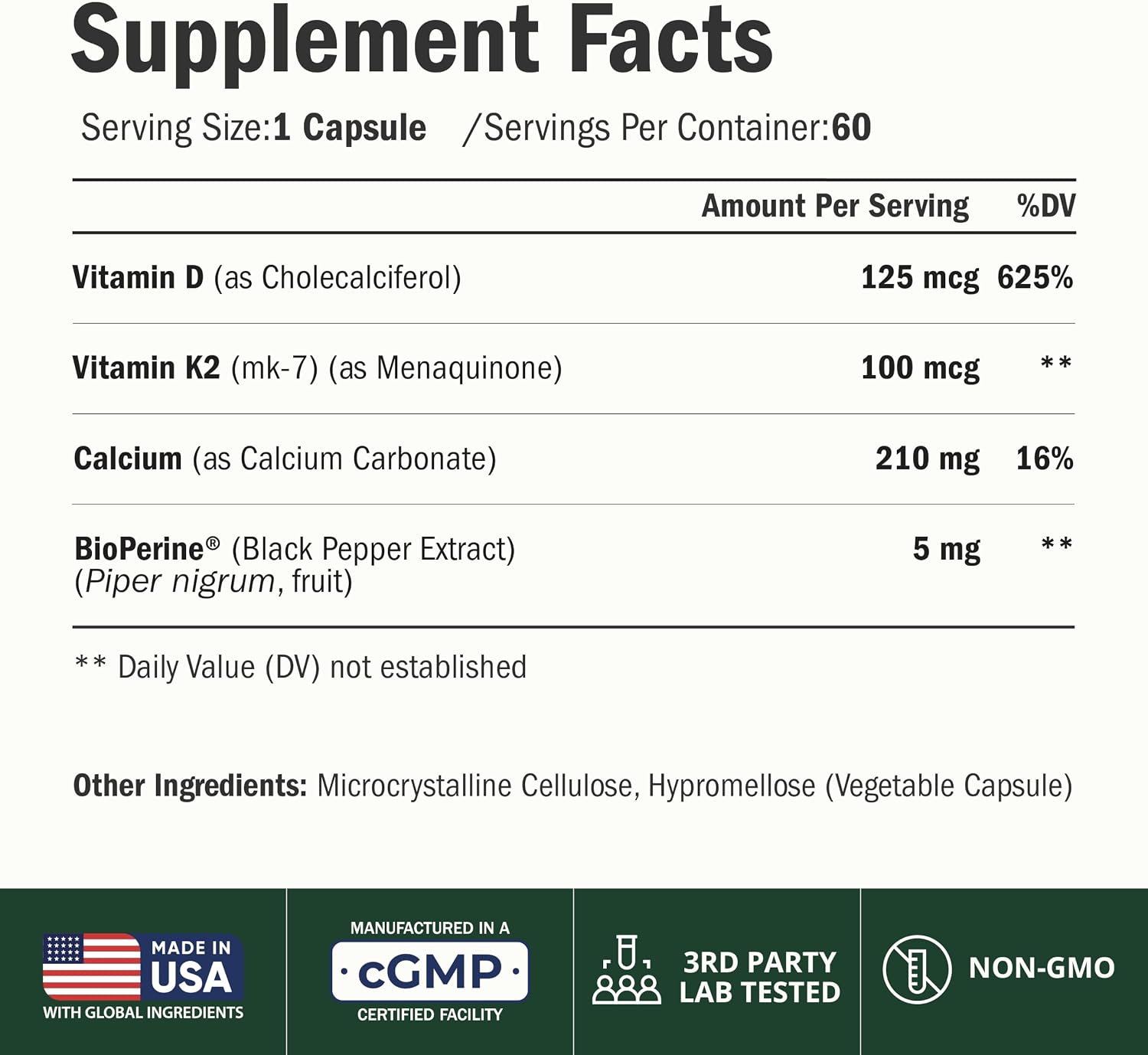 Vitamina D3 + K2 + Calcio con BioPerine – 60 Cápsulas