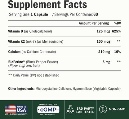 Vitamina D3 + K2 + Calcio con BioPerine – 60 – Vitamina K: contribuye a la coagulación sanguínea normal y al – Image 2