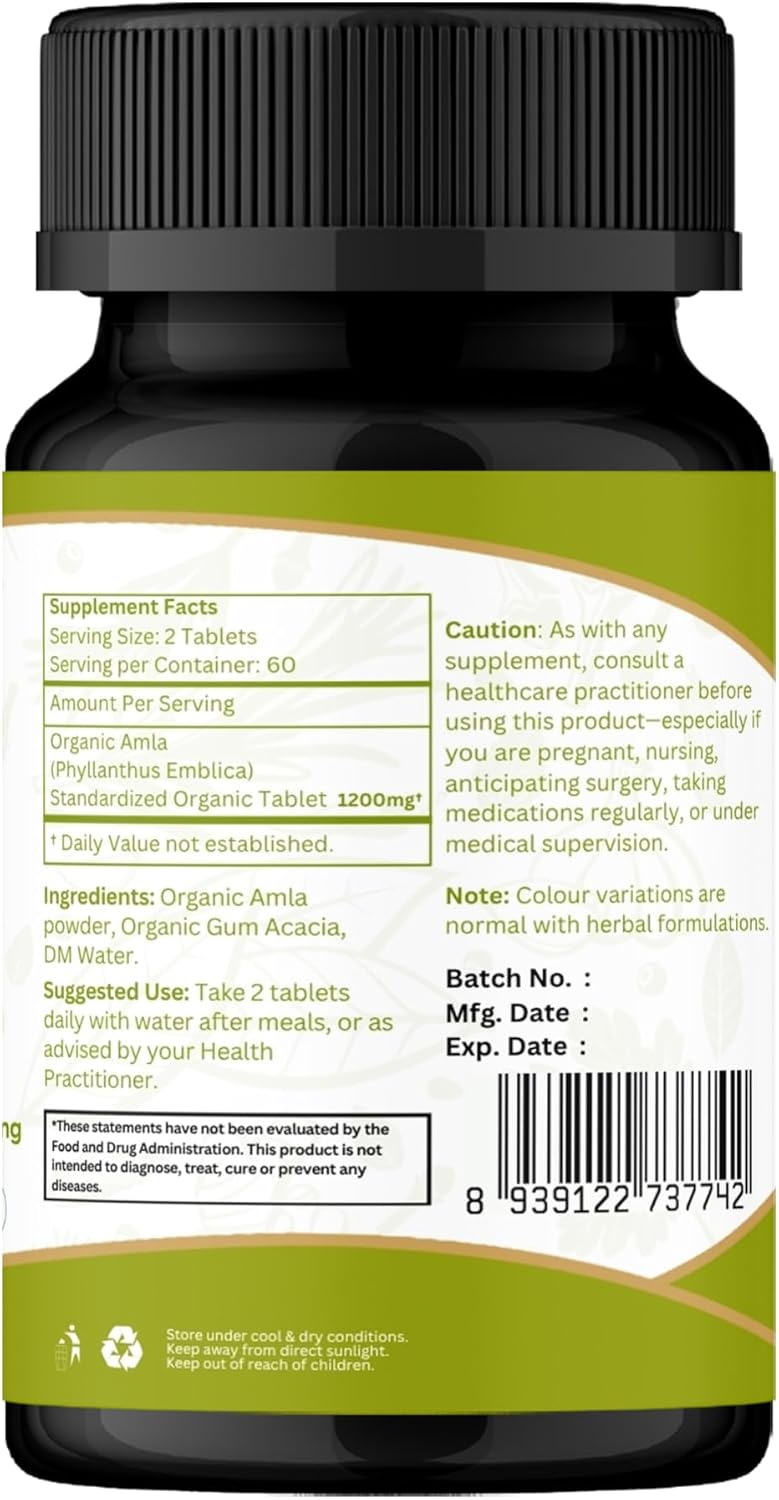 ORGANIC SPREE Tabletas de Amla Orgánico - 1200 mg por dosis - Grosella Espinosa India, Suplemento Rico en Vitamina C, Apoya el Sistema Inmunitario, 120 Tabletas