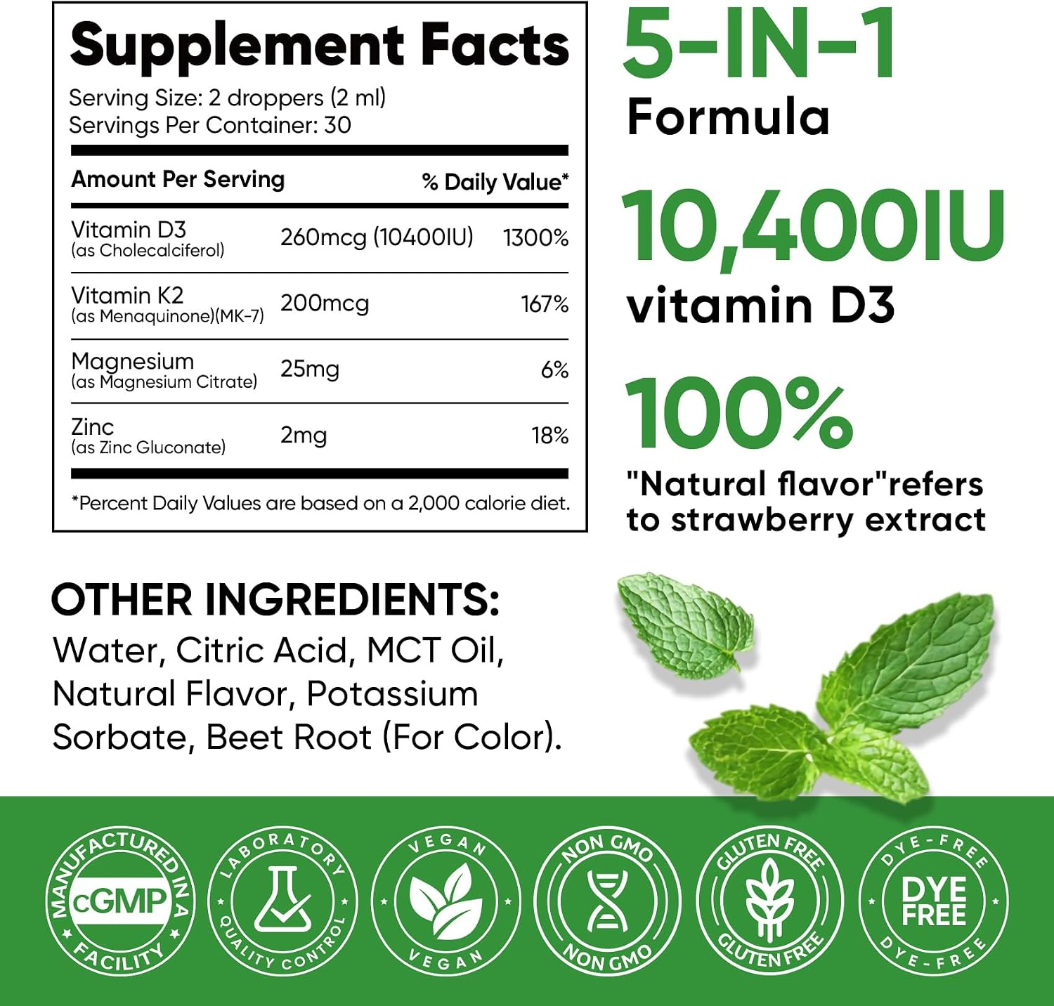 Venture Pal 5 en 1 Vitamina D3 K2 Gotas - 10000 UI D3 + 200 mcg K2 (MK-7) con Magnesio, Zinc y Aceite MCT - 60 ml