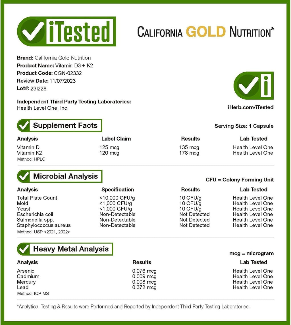 California Gold Nutrition Vitamina D3 + K2 (MK-7), 60 Cápsulas Vegetales