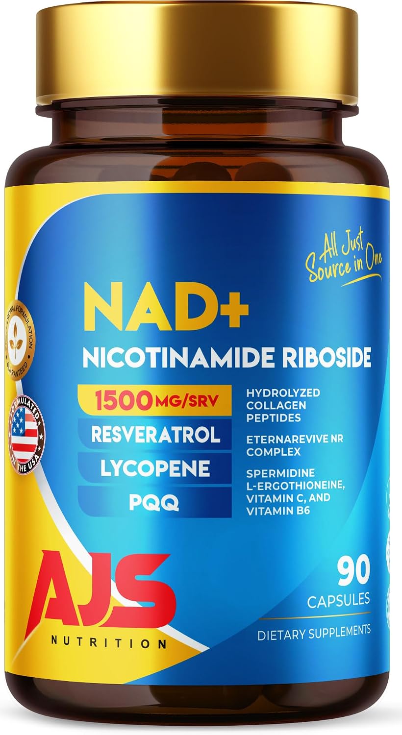 AJS NAD+ Cellular Energy – Suplemento NR con PQQ, Resveratrol, Licopeno y Colágeno – 90 Cápsulas