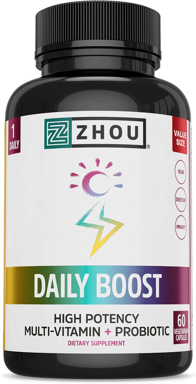 Zhou Nutrition Daily Boost Multivitamínico con Probiótico, Zinc, Vitamina C, D3 y Complejo B | 60 Cápsulas Veganas