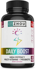 Zhou Nutrition Daily Boost Multivitamínico con Probiótico, Zinc, Vitamina C, D3 y Complejo B | 60 Cápsulas Veganas