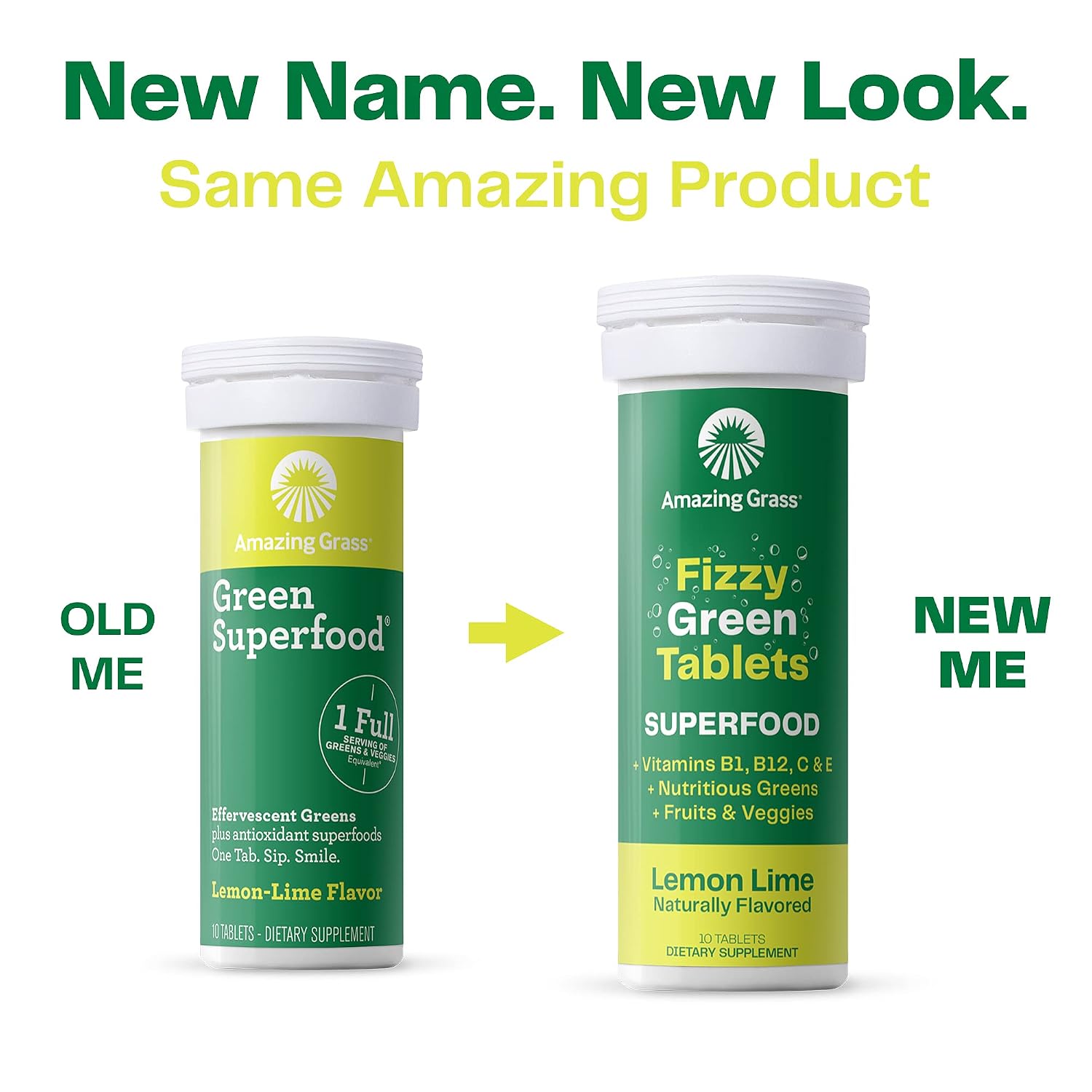 Amazing Grass Fizzy Green Tablets Superfood, Sabor Limón Lima, 30 Comprimidos (3 Tubos de 10)