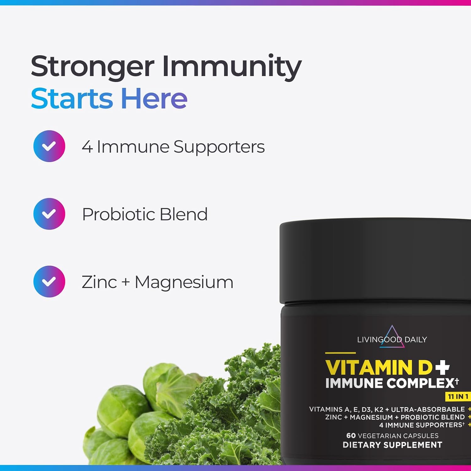 Livingood Daily Vitamina D3 K2 4000 UI, 9 en 1 con Vitaminas A, E, Zinc, Magnesio y Probióticos - 60 Cápsulas