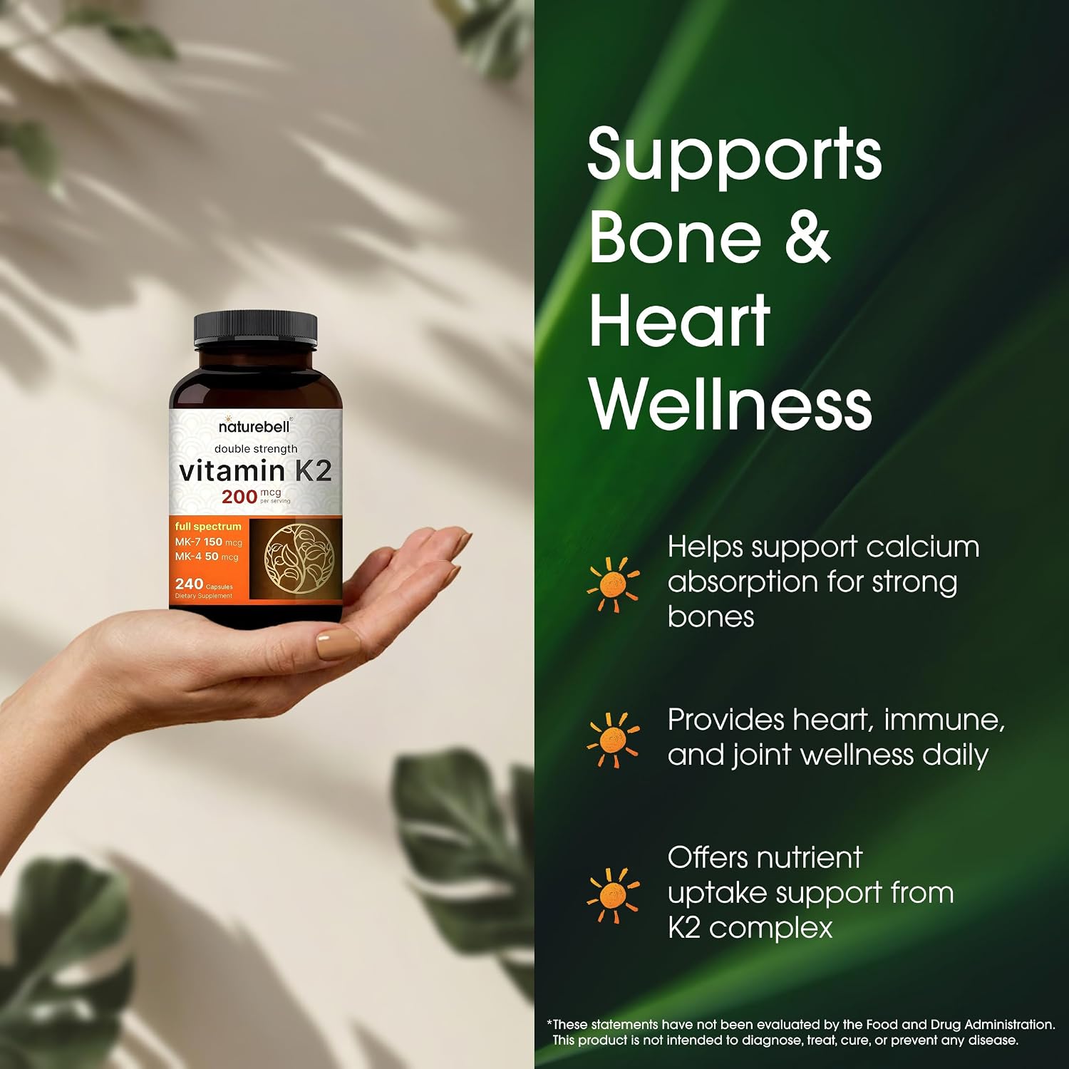 NatureBell Vitamina K2 - 200 mcg MK-7 y MK-4 - 240 Cápsulas