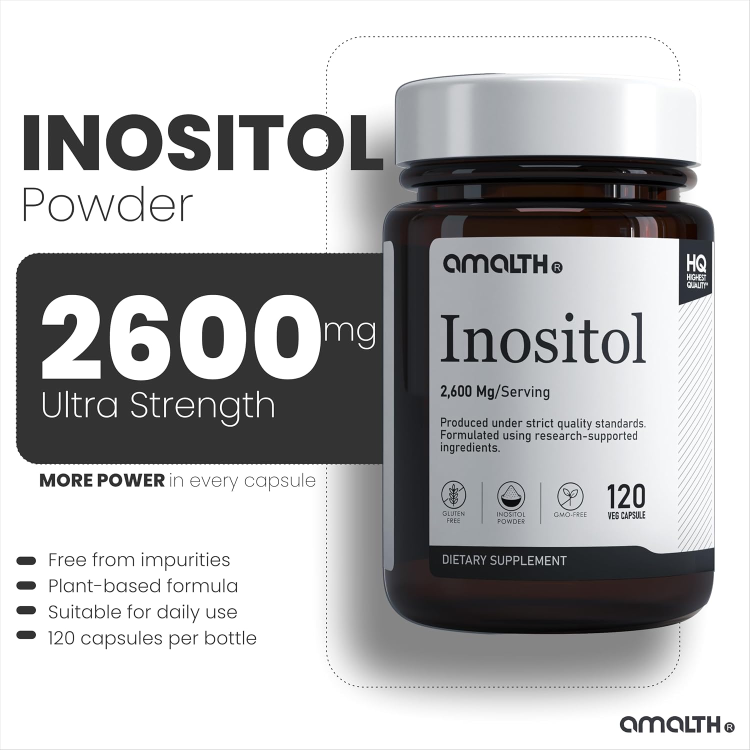 AMALTH Inositol 2600 mg - Myo Inositol en Cápsulas - Suplemento de Vitamina B8 - 120 Cápsulas Veganas