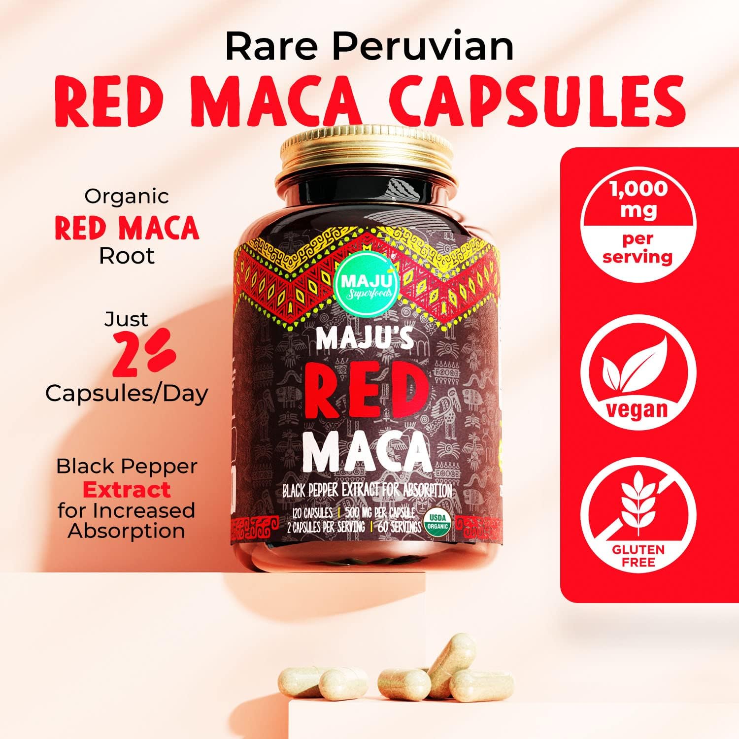 Cápsulas Orgánicas de Maca Roja con Pimienta Negra - 120 uds