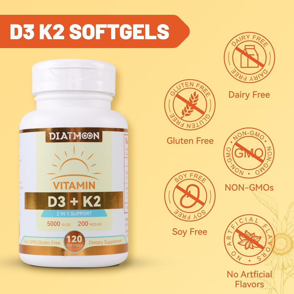 DIATMOON Vitamina D3 K2 5000 UI + 200 mcg MK-7, 120 Cápsulas Blandas